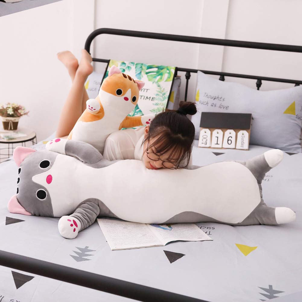 Jensquaify Gray Cat Plush Hugging Pillow - 27.5 Inch Soft Long Body Pillow for Kids