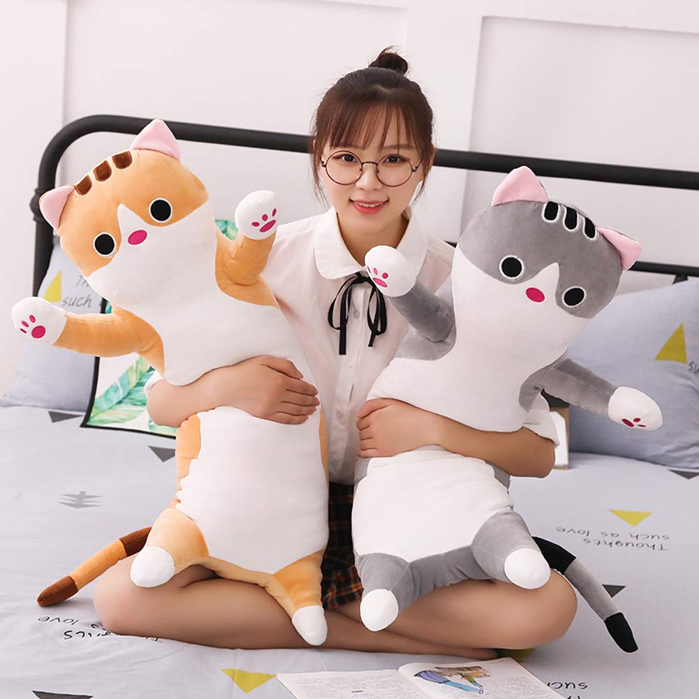 Jensquaify Long Cat Plush Pillow 19.68 Inch Gray - Soft Stretch Velvet Body Pillow for Kids