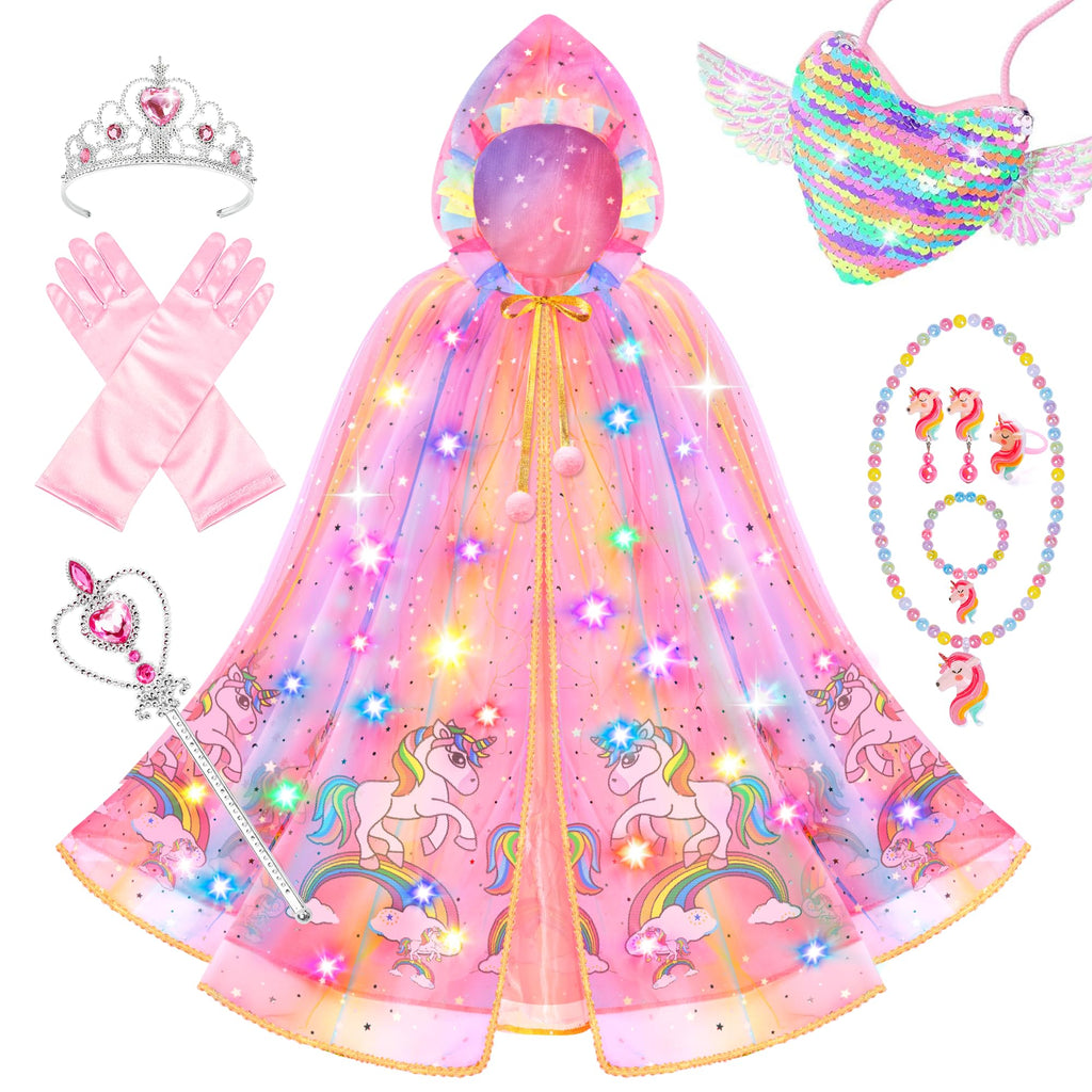 Jeowoqao Light-Up Princess Cape Dress-Up Set for Girls 4-6: Includes Crown, Gloves, Wand, Bag & Jewelry