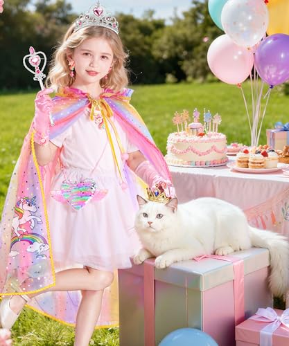 Jeowoqao Light-Up Princess Cape Dress-Up Set for Girls 4-6: Includes Crown, Gloves, Wand, Bag & Jewelry