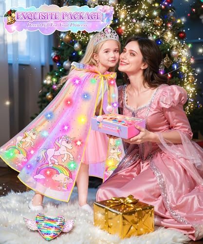 Jeowoqao Light-Up Princess Cape Dress-Up Set for Girls 4-6: Includes Crown, Gloves, Wand, Bag & Jewelry