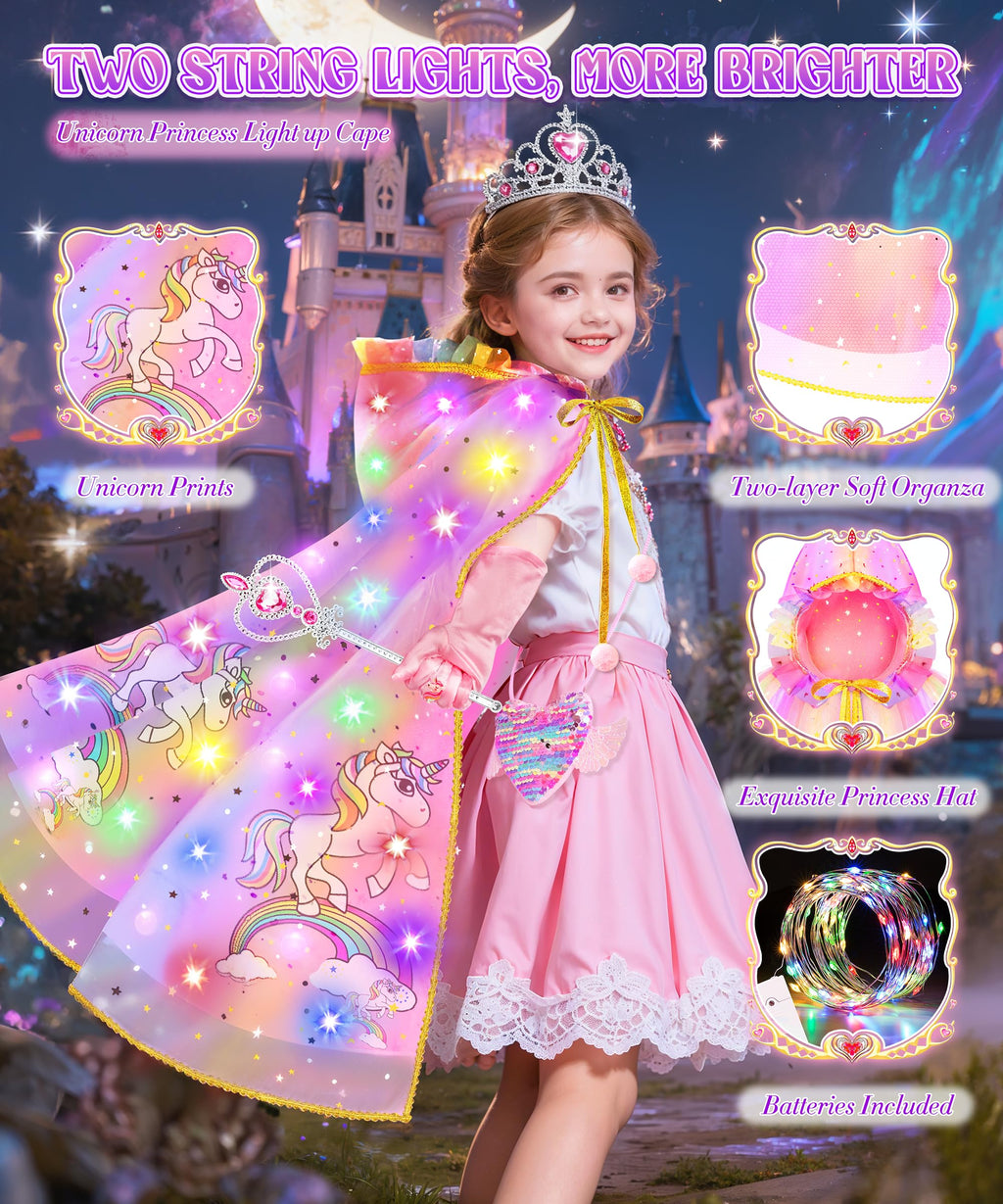 Jeowoqao Light-Up Princess Cape Dress-Up Set for Girls 4-6: Includes Crown, Gloves, Wand, Bag & Jewelry
