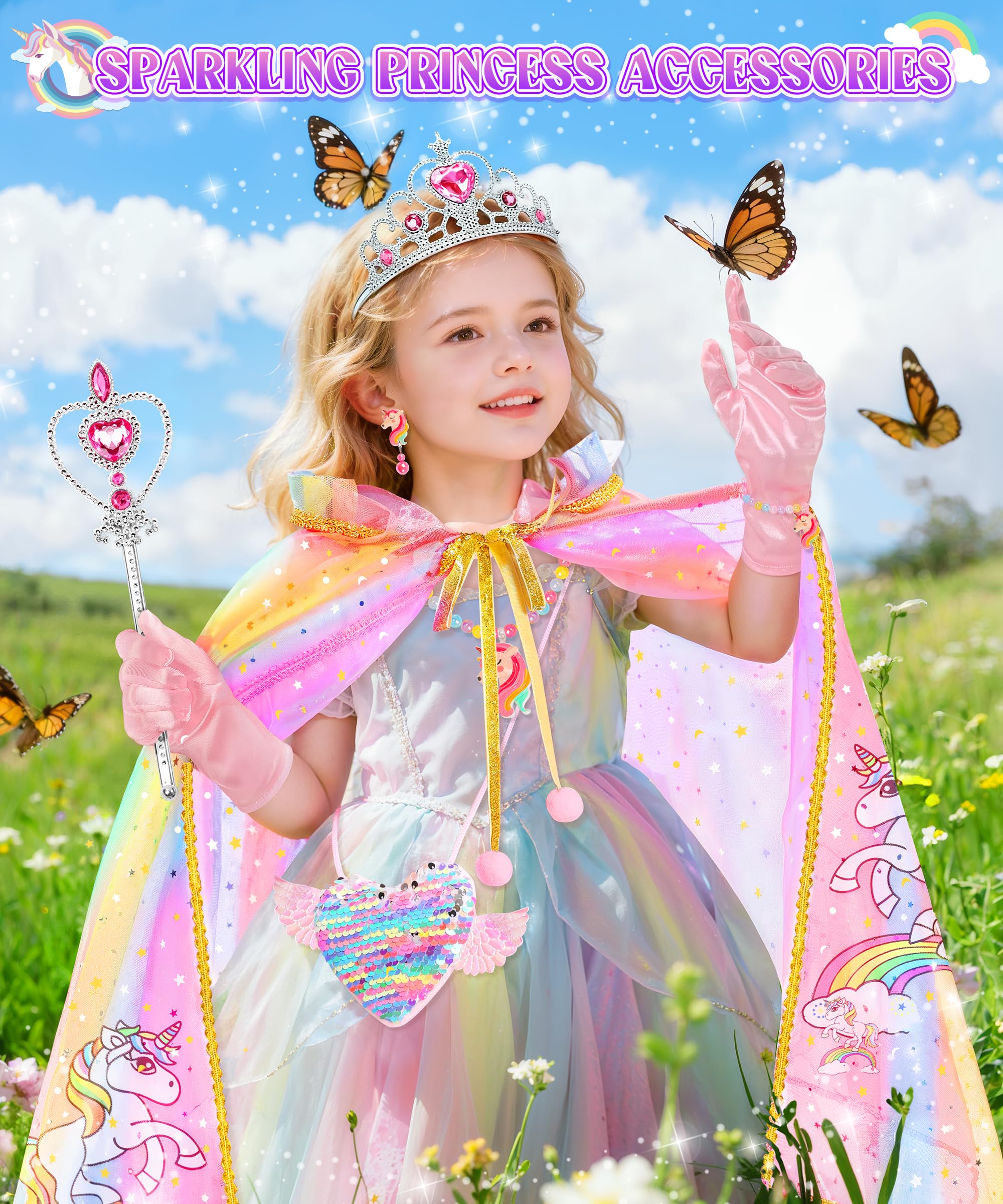 Jeowoqao Light-Up Princess Cape Dress-Up Set for Girls 4-6: Includes Crown, Gloves, Wand, Bag & Jewelry