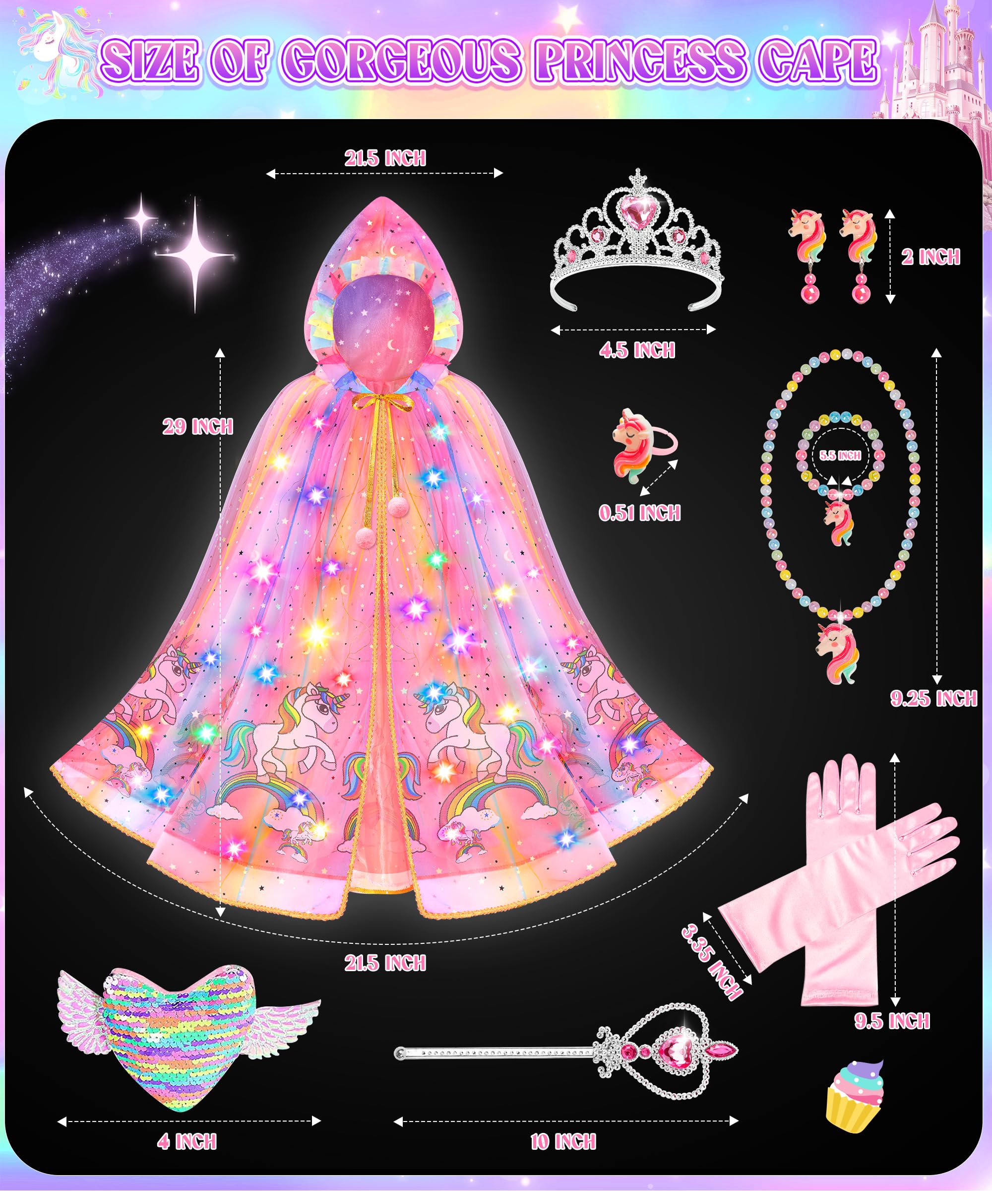 Jeowoqao Light-Up Princess Cape Dress-Up Set for Girls 4-6: Includes Crown, Gloves, Wand, Bag & Jewelry