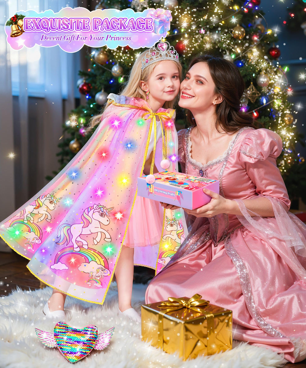 Jeowoqao Light-Up Princess Cape Dress-Up Set for Girls 4-6: Includes Crown, Gloves, Wand, Bag & Jewelry