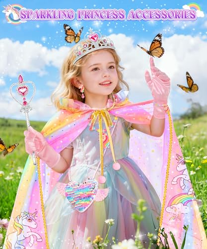 Jeowoqao Light-Up Princess Cape Dress-Up Set for Girls 4-6: Includes Crown, Gloves, Wand, Bag & Jewelry