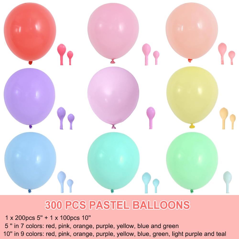 JerDorgo 300 Pastel Balloons - 5 & 10 Inch Latex Assorted Colors for Birthday Baby Shower Wedding