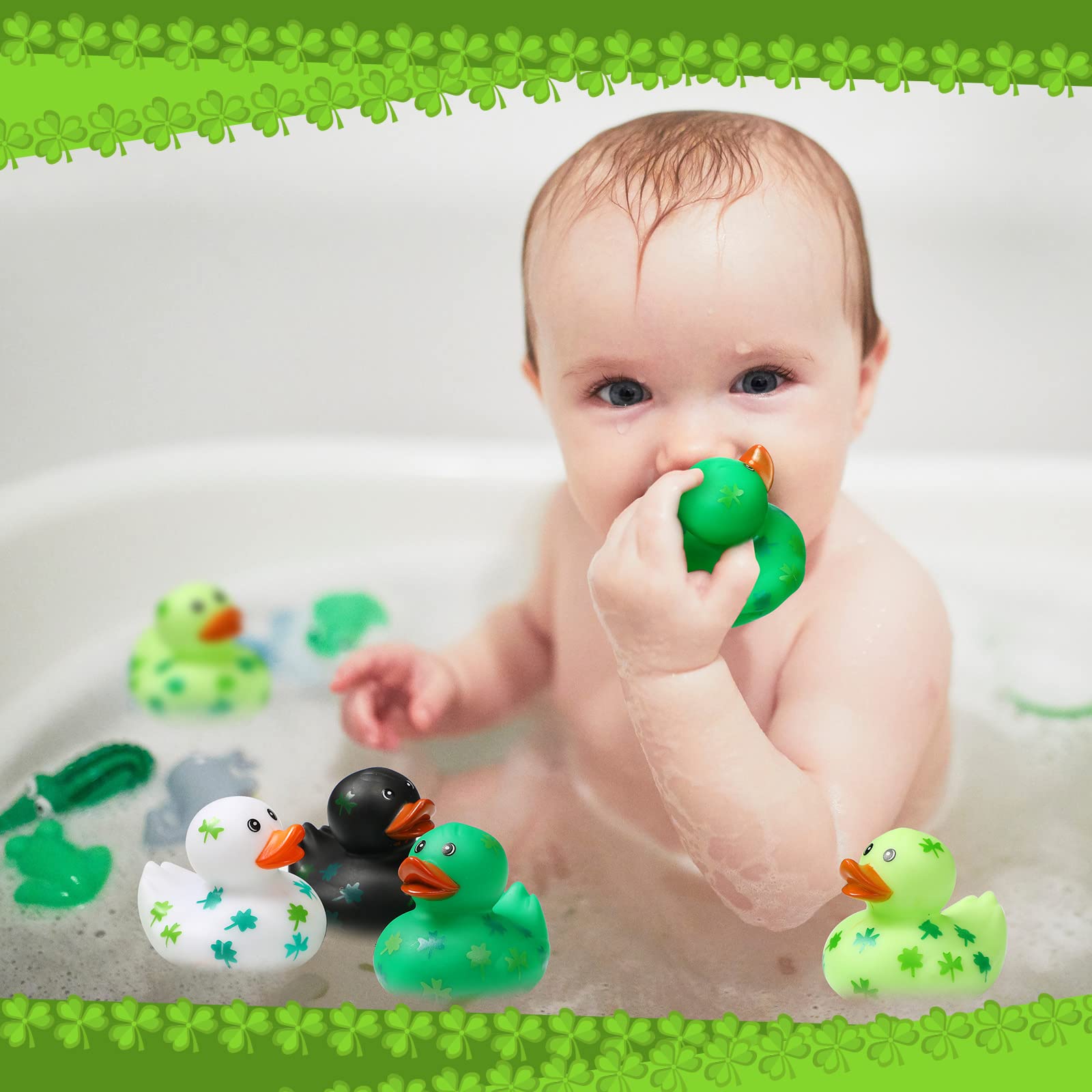 Jerify 12-Pack St. Patrick's Day Rubber Ducks – 2-Inch Shamrock Bath Toys in 4 Festive Styles