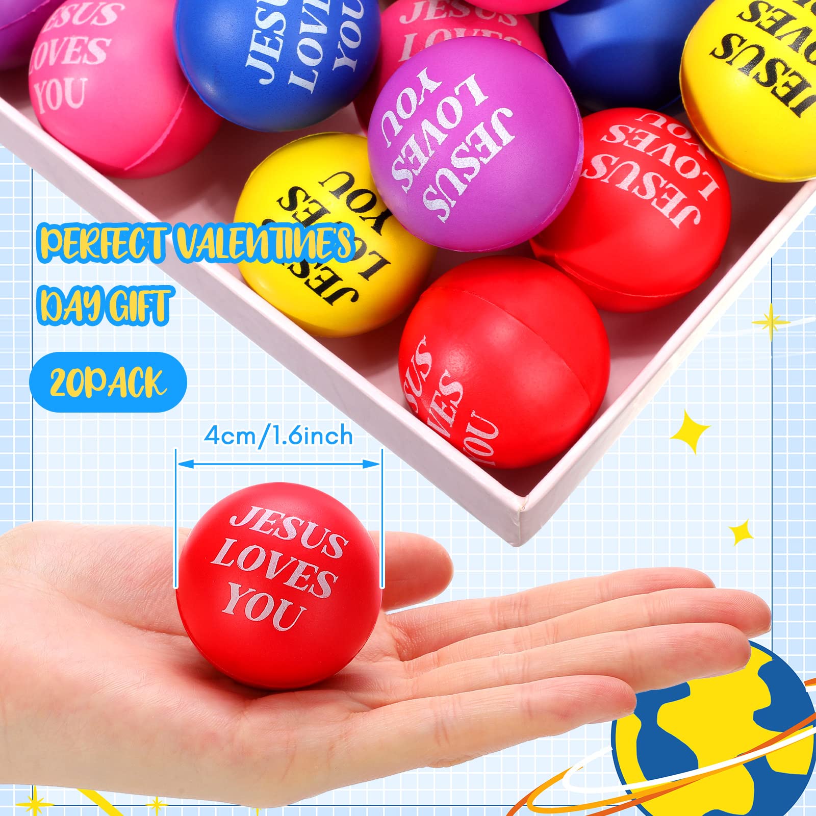 Jerify 20 Pack Christian Stress Balls – Jesus Loves You Foam Squeeze Toys for Church, Classroom, Graduation Gifts, Party Favors (Colorful, 1.57 Inch)