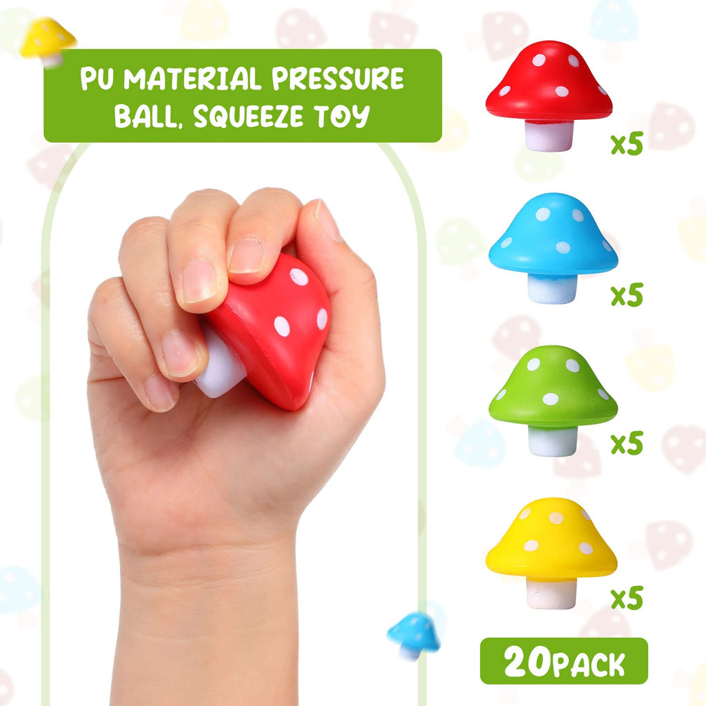 Jerify 20-Pack Mini Mushroom Stress Balls - 1.57 Inch PU Foam Fidget Toys for Adults, Anxiety Relief, Bulk Party Favors (Bright Colors)