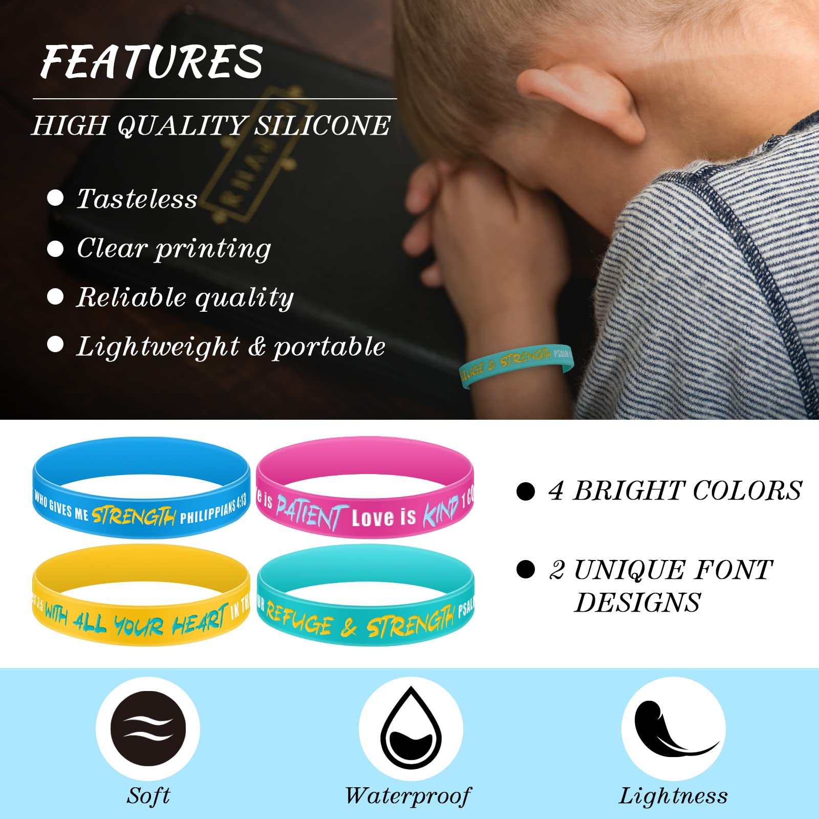 Jerify 48-Pack Bible Verse Silicone Bracelets for Kids and Church Gifts – Vivid Colors