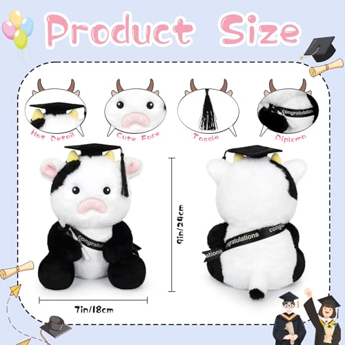 JEROKUMI 10" Black White Graduation Cow Plush 2026 with Cap, Diploma & Sash