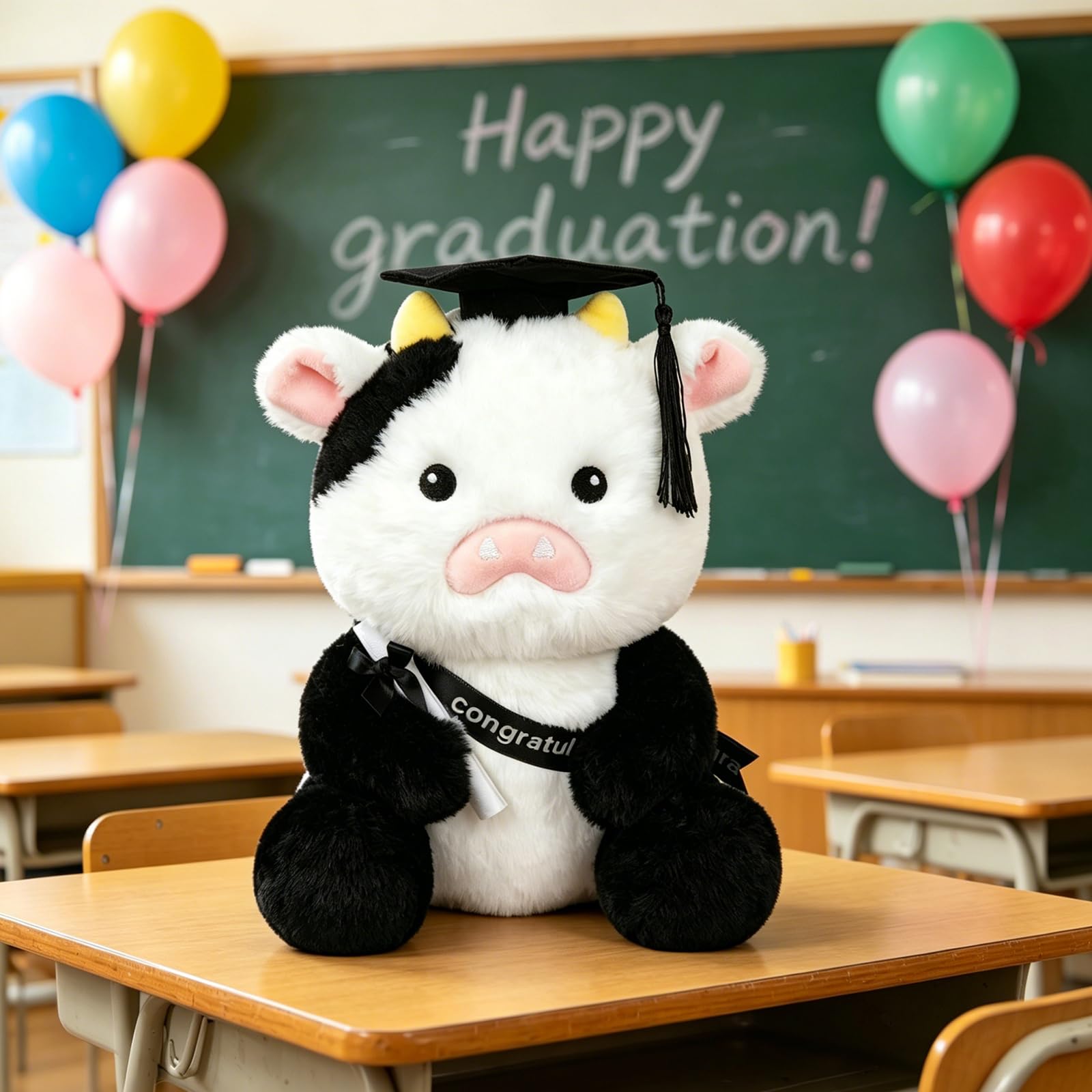 JEROKUMI 10" Black White Graduation Cow Plush 2026 with Cap, Diploma & Sash