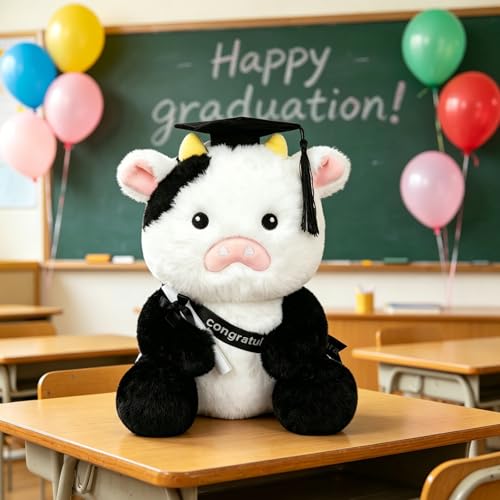 JEROKUMI 10" Black White Graduation Cow Plush 2026 with Cap, Diploma & Sash
