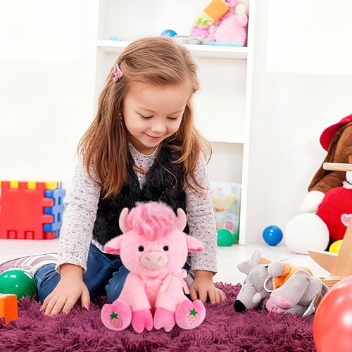 JEROKUMI 8-Inch Strawberry Pink Highland Cow Plush with Ribbon Bow, Stylable Fringe and Strawberry Embroidery, Soft Stuffed Animal for Kids and Girlfriends
