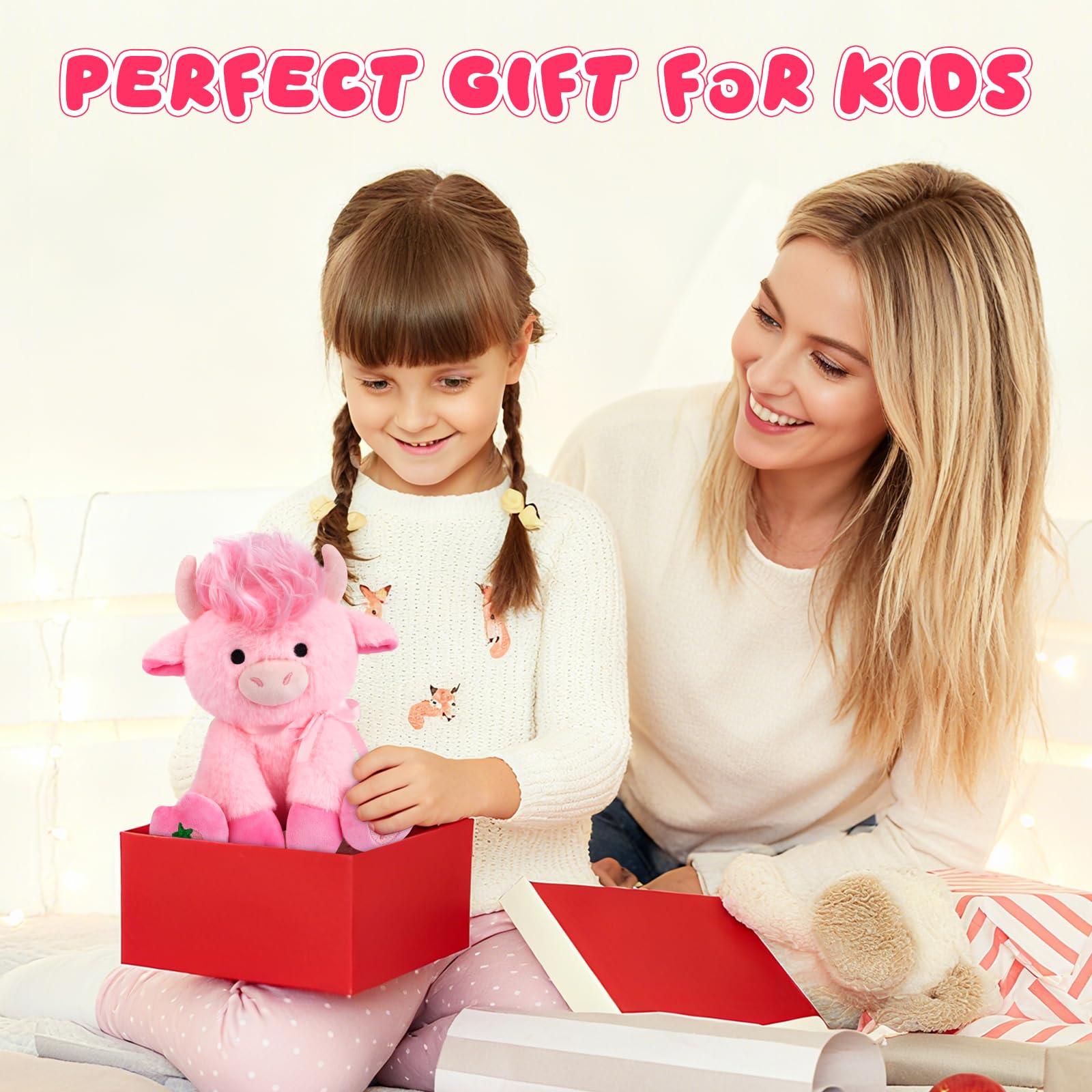 JEROKUMI 8-Inch Strawberry Pink Highland Cow Plush with Ribbon Bow, Stylable Fringe and Strawberry Embroidery, Soft Stuffed Animal for Kids and Girlfriends