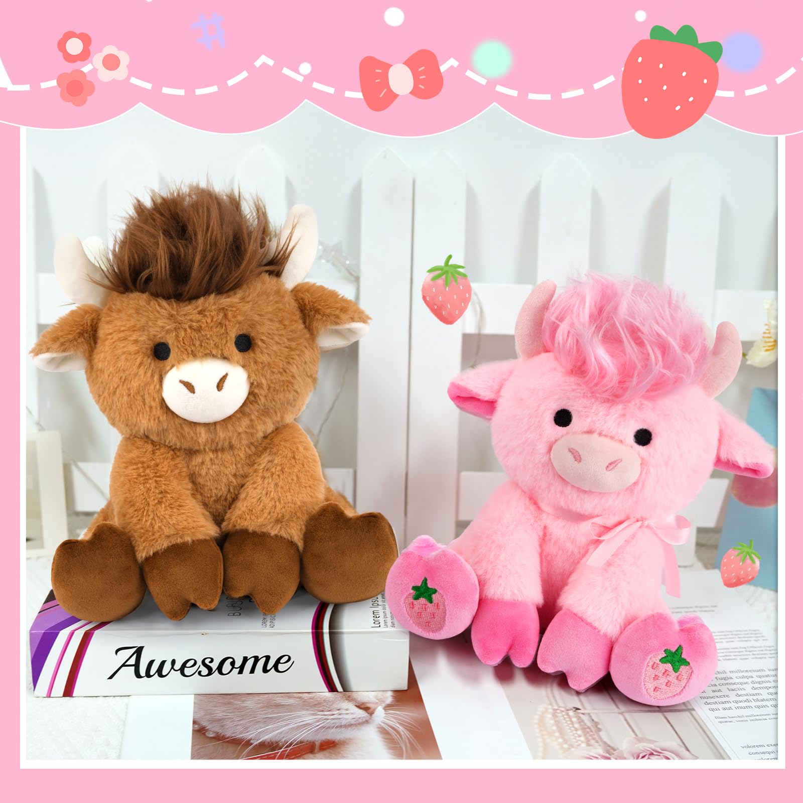 JEROKUMI 8-Inch Strawberry Pink Highland Cow Plush with Ribbon Bow, Stylable Fringe and Strawberry Embroidery, Soft Stuffed Animal for Kids and Girlfriends