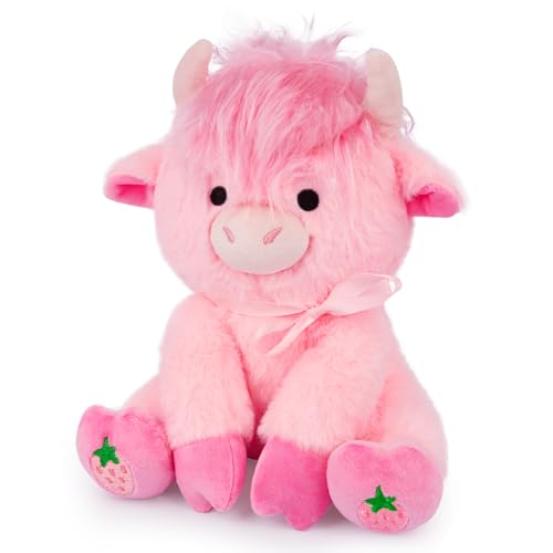 JEROKUMI 8-Inch Strawberry Pink Highland Cow Plush with Ribbon Bow, Stylable Fringe and Strawberry Embroidery, Soft Stuffed Animal for Kids and Girlfriends