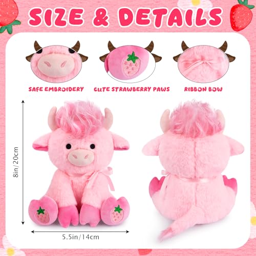 JEROKUMI 8-Inch Strawberry Pink Highland Cow Plush with Ribbon Bow, Stylable Fringe and Strawberry Embroidery, Soft Stuffed Animal for Kids and Girlfriends