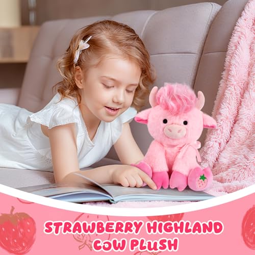 JEROKUMI 8-Inch Strawberry Pink Highland Cow Plush with Ribbon Bow, Stylable Fringe and Strawberry Embroidery, Soft Stuffed Animal for Kids and Girlfriends
