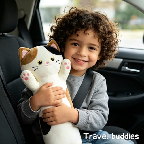 JEROKUMI Calico Cat Plush Pillow - 22 Inch Soft Stuffed Animal Body Pillow, Embroidered Kawaii Plushie for Kids and Adults