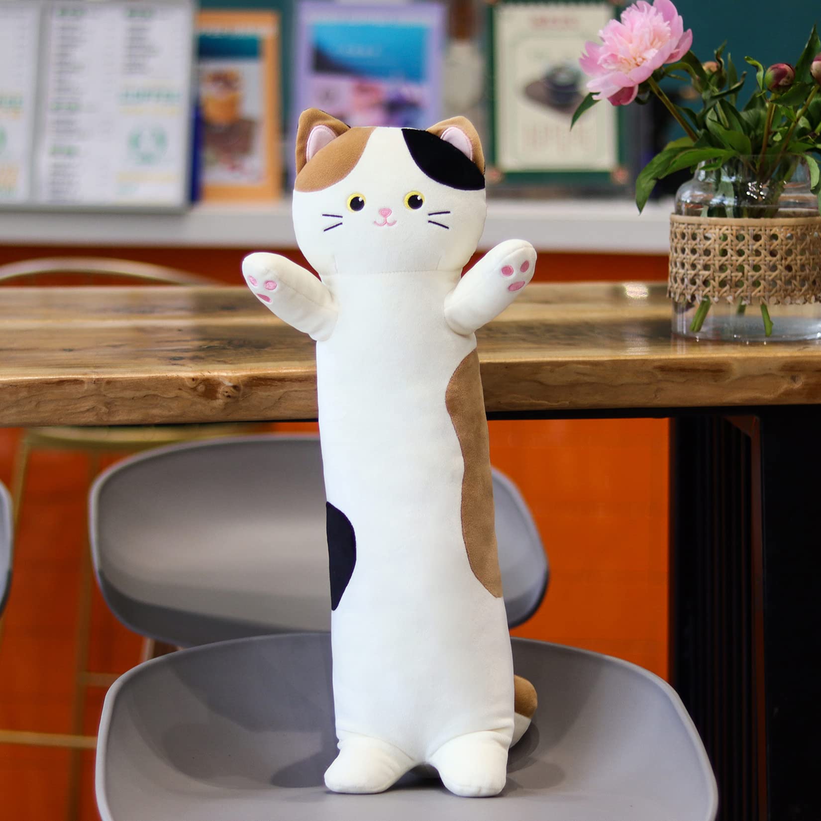 JEROKUMI Calico Cat Plush Pillow - 22 Inch Soft Stuffed Animal Body Pillow, Embroidered Kawaii Plushie for Kids and Adults