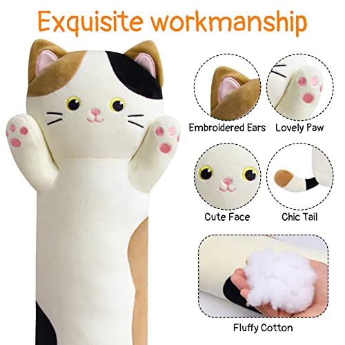 JEROKUMI Calico Cat Plush Pillow - 22 Inch Soft Stuffed Animal Body Pillow, Embroidered Kawaii Plushie for Kids and Adults