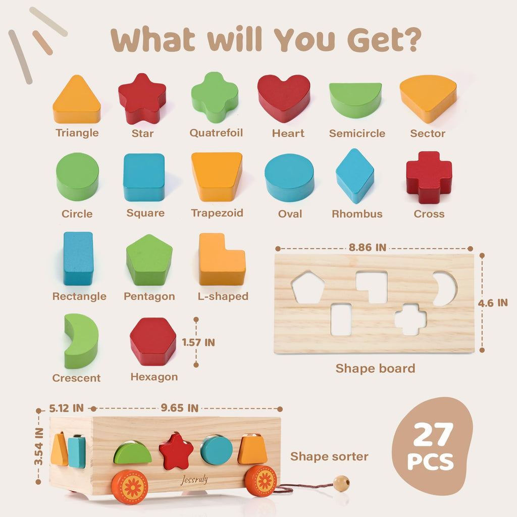 Jessruly Wooden Shape Sorter Pull-Along Car – 17 Montessori Learning Blocks for Toddlers
