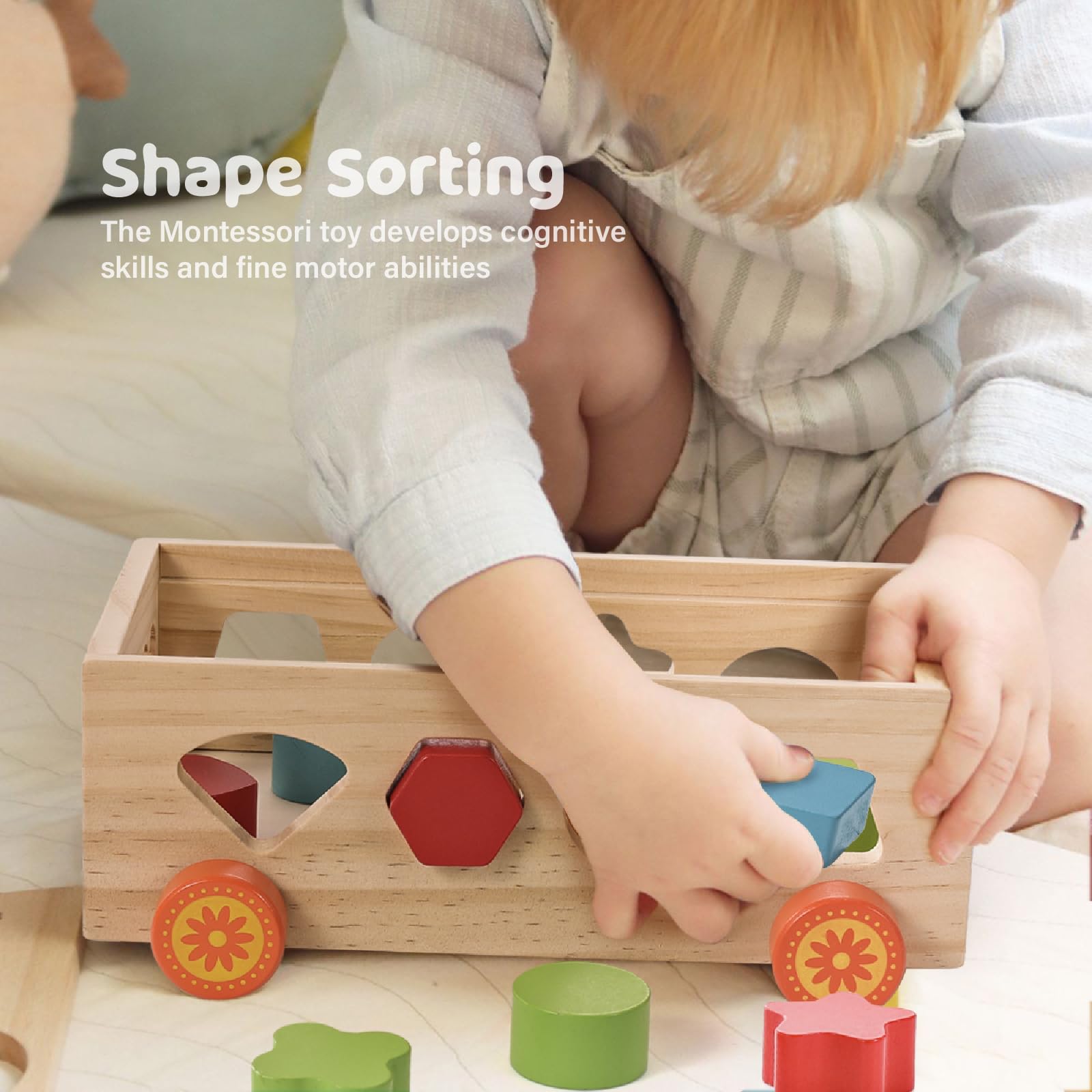 Jessruly Wooden Shape Sorter Pull-Along Car – 17 Montessori Learning Blocks for Toddlers