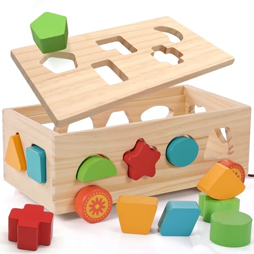 Jessruly Wooden Shape Sorter Pull-Along Car – 17 Montessori Learning Blocks for Toddlers
