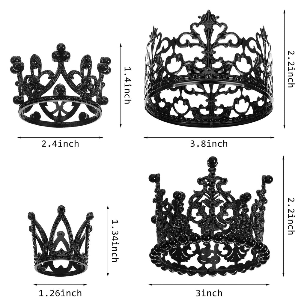 Jetec 4-Piece Black Mini Crown Set – Metal Cake Toppers & Bouquet Accessories for Gothic, King, or Royal Themes