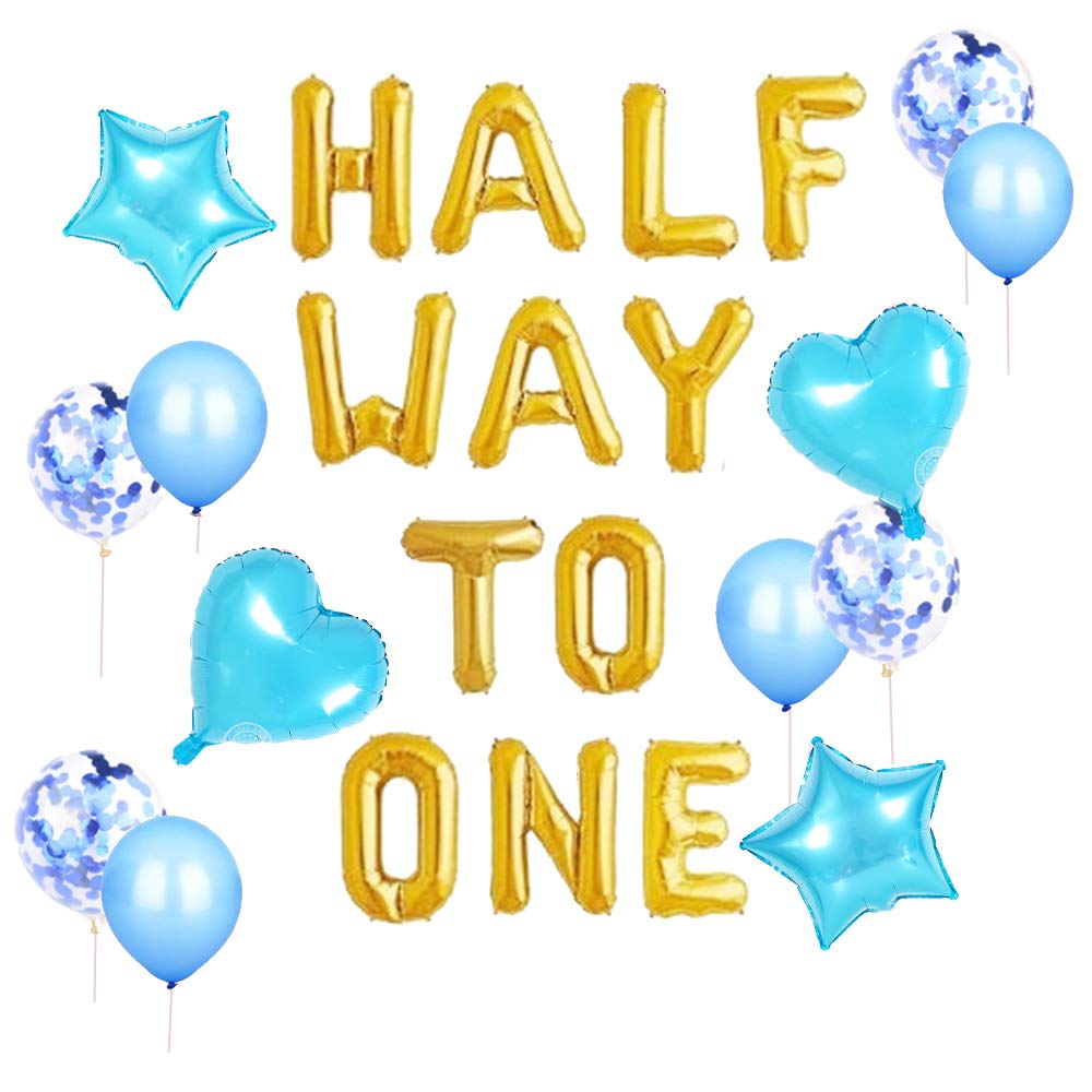 JeVenis 15-Piece Half Way To One Balloon Set - Gold Letter Balloons for Half Birthday Boy Party with Blue Latex Balloons