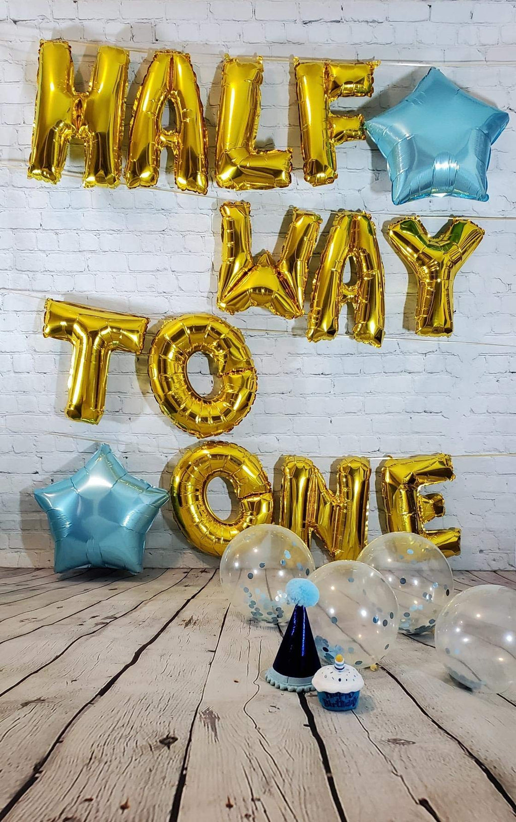 JeVenis 15-Piece Half Way To One Balloon Set - Gold Letter Balloons for Half Birthday Boy Party with Blue Latex Balloons