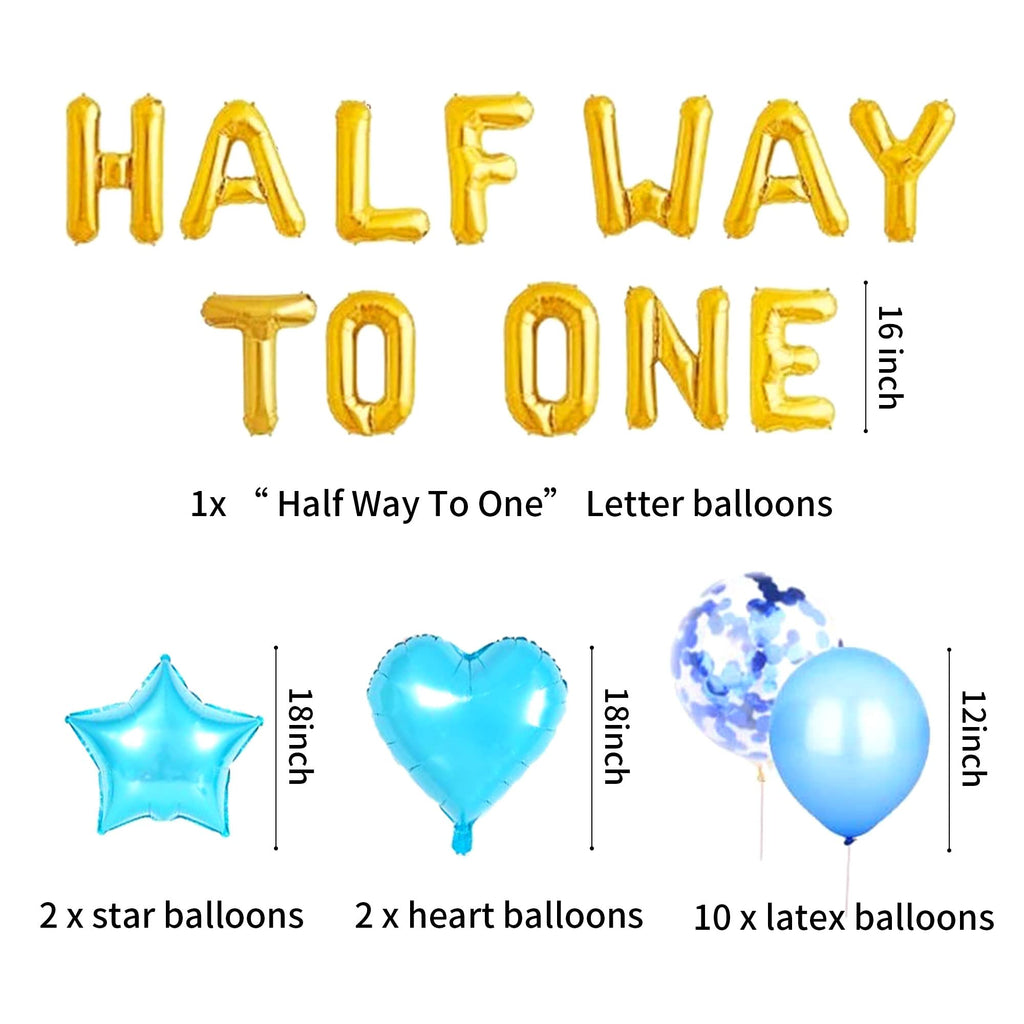 JeVenis 15-Piece Half Way To One Balloon Set - Gold Letter Balloons for Half Birthday Boy Party with Blue Latex Balloons