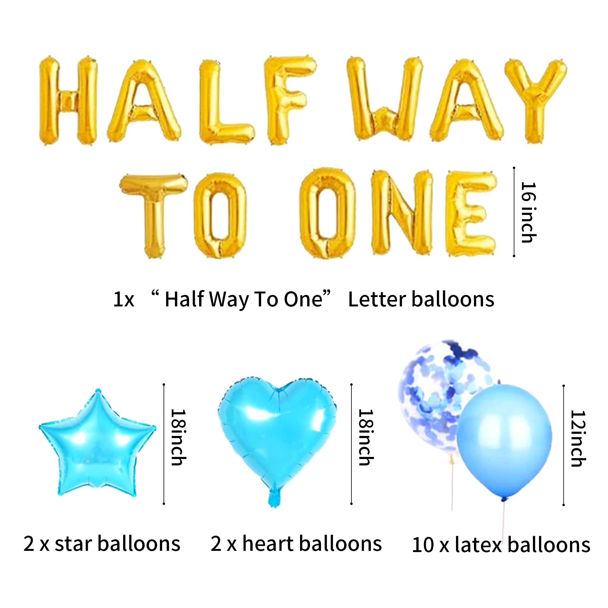 JeVenis 15-Piece Half Way To One Balloon Set - Gold Letter Balloons for Half Birthday Boy Party with Blue Latex Balloons