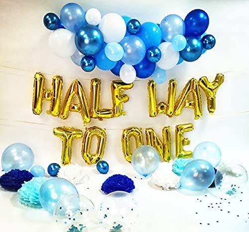 JeVenis 15-Piece Half Way To One Balloon Set - Gold Letter Balloons for Half Birthday Boy Party with Blue Latex Balloons