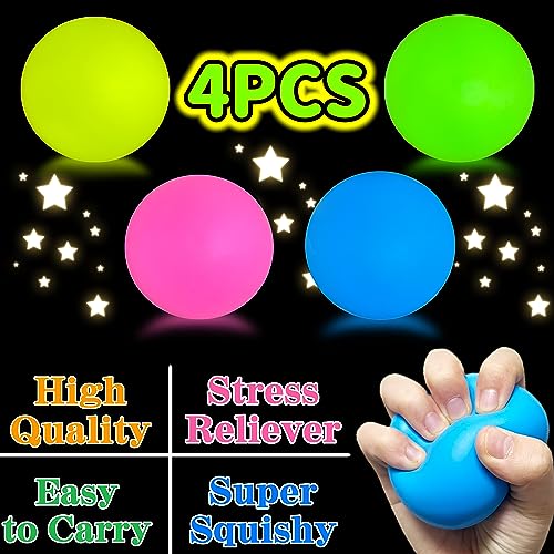 JIAHO 4 Pack Glow in the Dark Squishy Stress Balls – 2.4-Inch Sticky Dough Balls for Stress Relief, Sensory Play, Party Favors