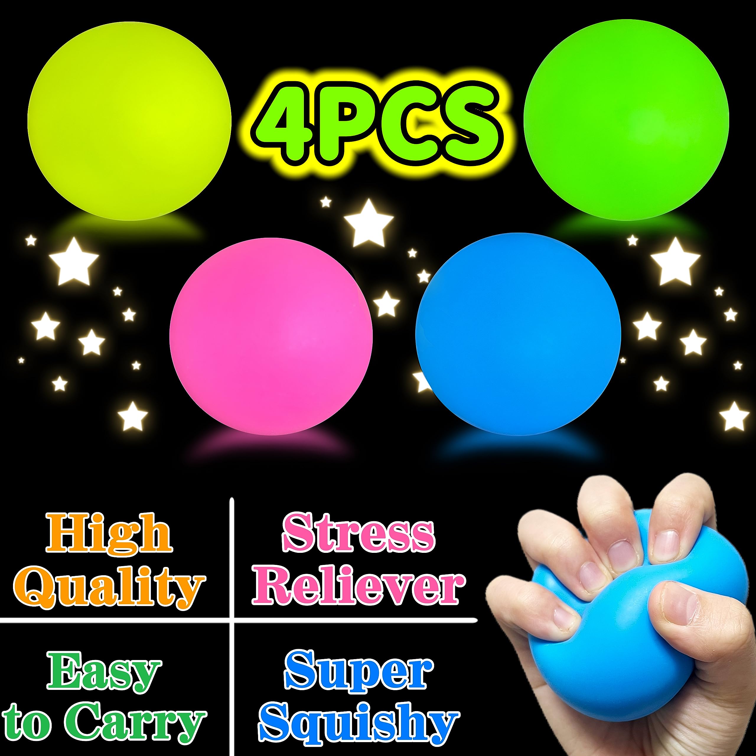 JIAHO 4 Pack Glow in the Dark Squishy Stress Balls – 2.4-Inch Sticky Dough Balls for Stress Relief, Sensory Play, Party Favors