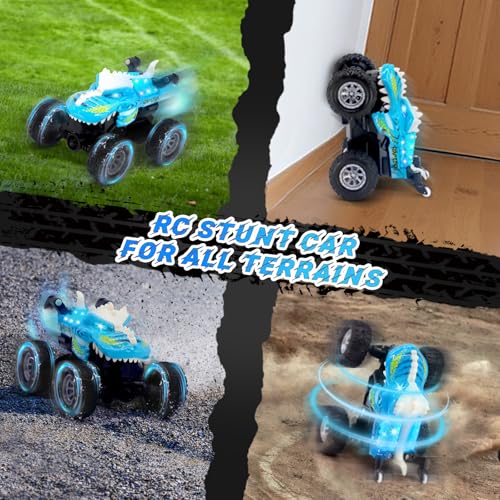 JICUICUI Dinosaur RC Monster Truck: LED Lights, 360° Stunts, Rechargeable, Ages 4-7