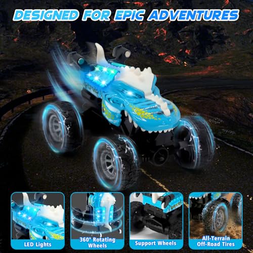JICUICUI Dinosaur RC Monster Truck: LED Lights, 360° Stunts, Rechargeable, Ages 4-7