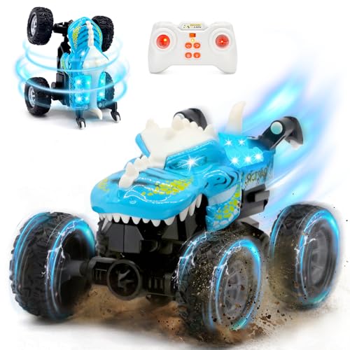 JICUICUI Dinosaur RC Monster Truck: LED Lights, 360° Stunts, Rechargeable, Ages 4-7