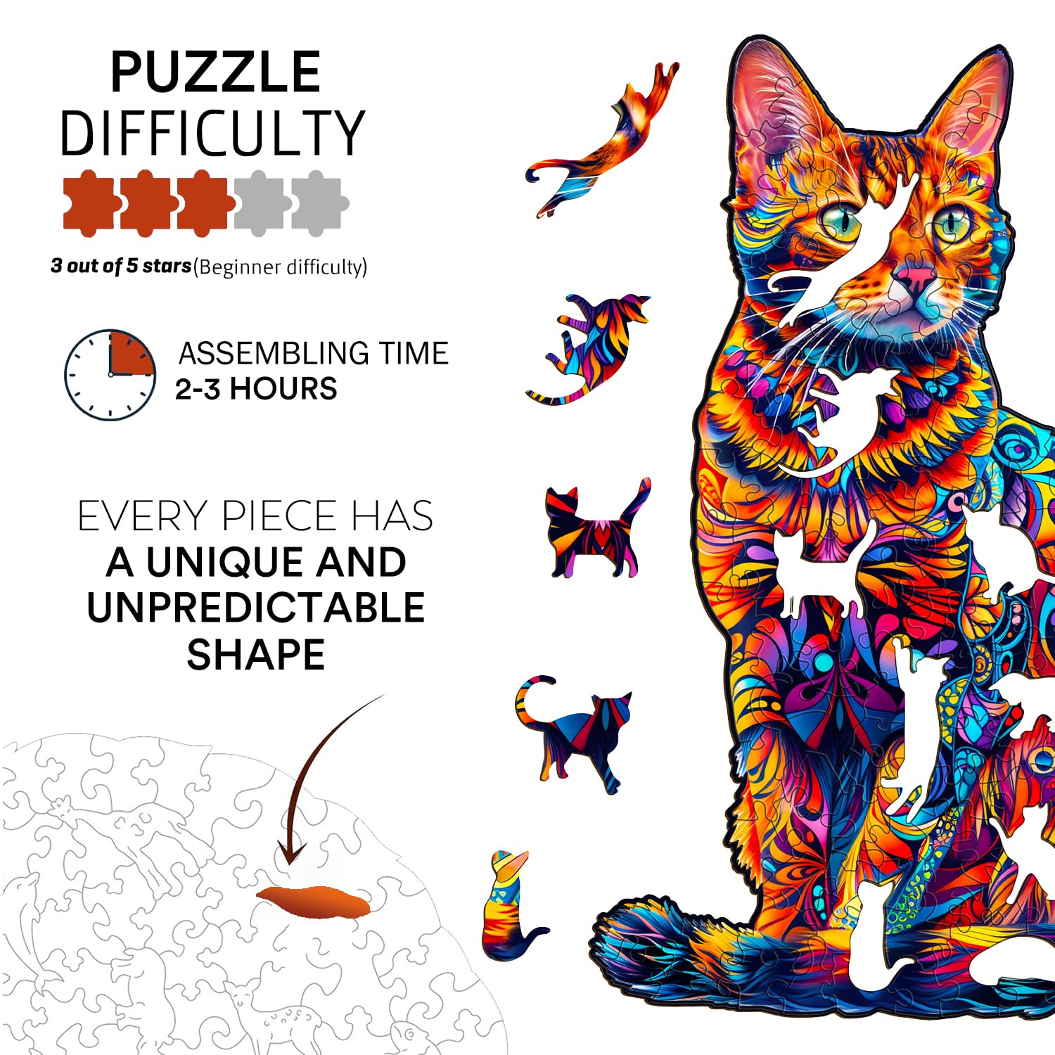 Jigfoxy Cat Wooden Puzzle for Adults – 75pc Unique Animal Shape Jigsaw, S-8.4x5.7in
