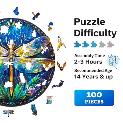 Jigfoxy Retro Dragonfly Wooden Puzzle - 100 Piece Adult Jigsaw, 8.5x8.5 inch
