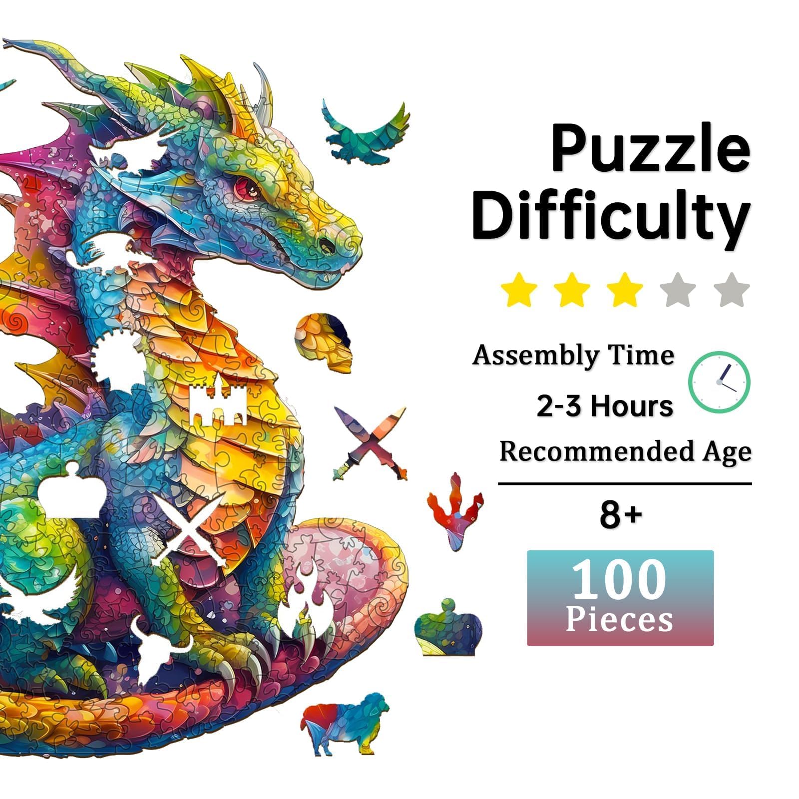 Jigfoxy Wooden Dragon Puzzle for Adults – 100-Piece Animal-Shaped Jigsaw