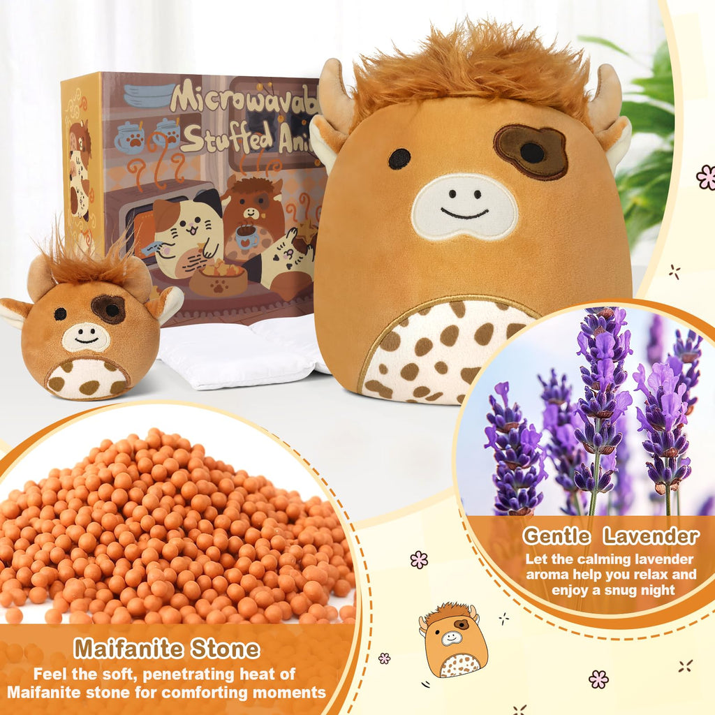 JILPAK Microwavable Highland Cow Heating Pad – Lavender Scented, Weighted Plush for Cramps & Stress Relief, Includes Mini Cow