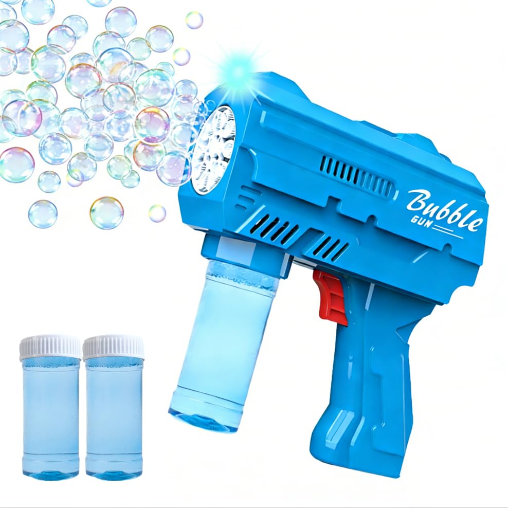 JinXinYao Blue 10-Hole Light-Up Bubble Gun for Kids - Automatic LED Bubble Machine with Refill Solution for Indoor Outdoor Parties