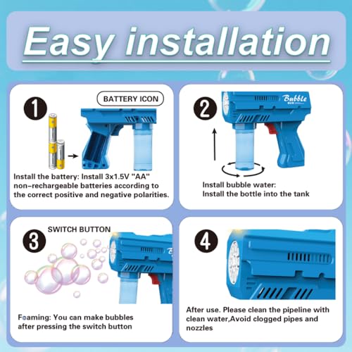 JinXinYao Blue 10-Hole Light-Up Bubble Gun for Kids - Automatic LED Bubble Machine with Refill Solution for Indoor Outdoor Parties