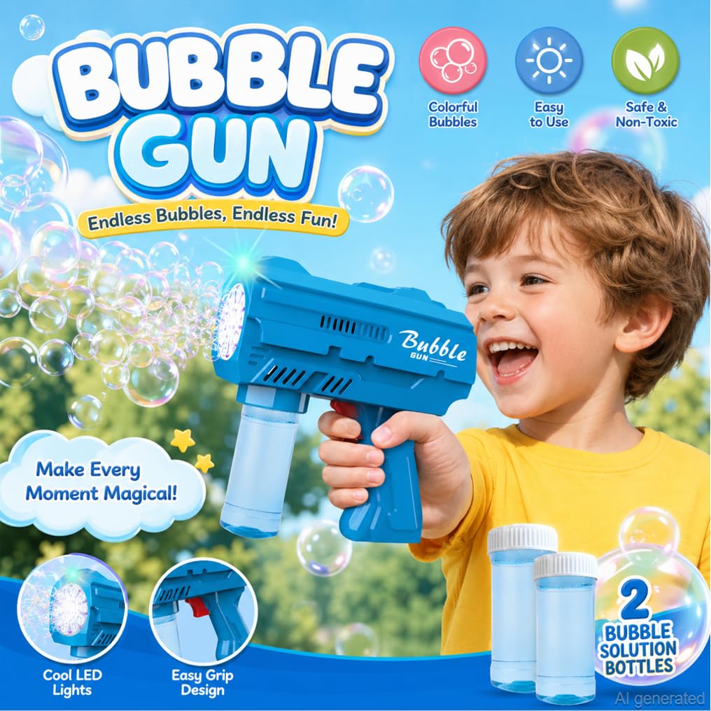 JinXinYao Blue 10-Hole Light-Up Bubble Gun for Kids - Automatic LED Bubble Machine with Refill Solution for Indoor Outdoor Parties