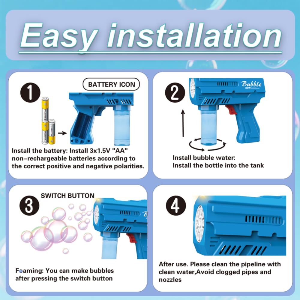 JinXinYao Blue 10-Hole Light-Up Bubble Gun for Kids - Automatic LED Bubble Machine with Refill Solution for Indoor Outdoor Parties
