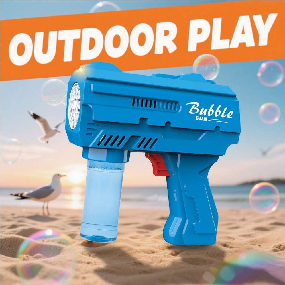 JinXinYao Blue 10-Hole Light-Up Bubble Gun for Kids - Automatic LED Bubble Machine with Refill Solution for Indoor Outdoor Parties